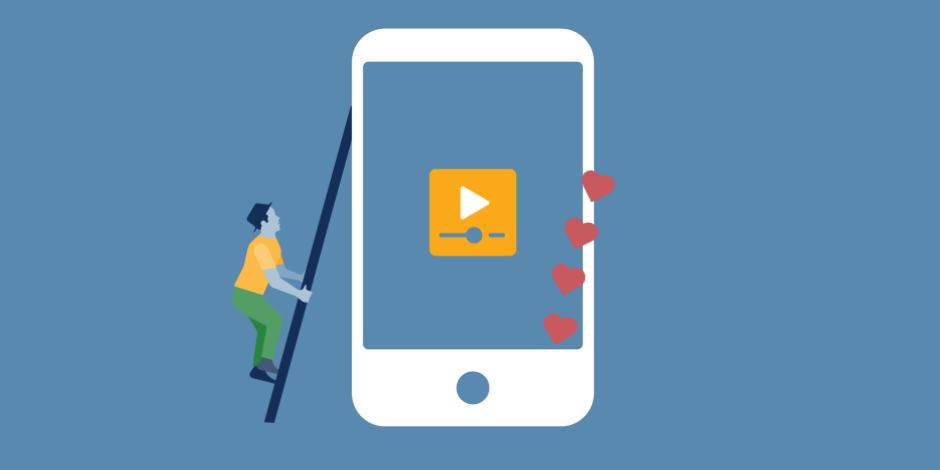 illustration of phone with social media live stream with hearts coming out of it, man climbing ladder