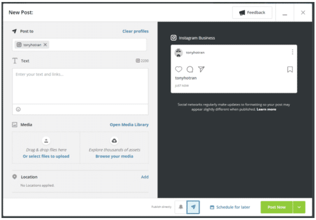 selecting an Instagram account to post to in Hootsuite