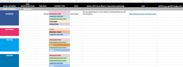 Screenshot of the content calendar template