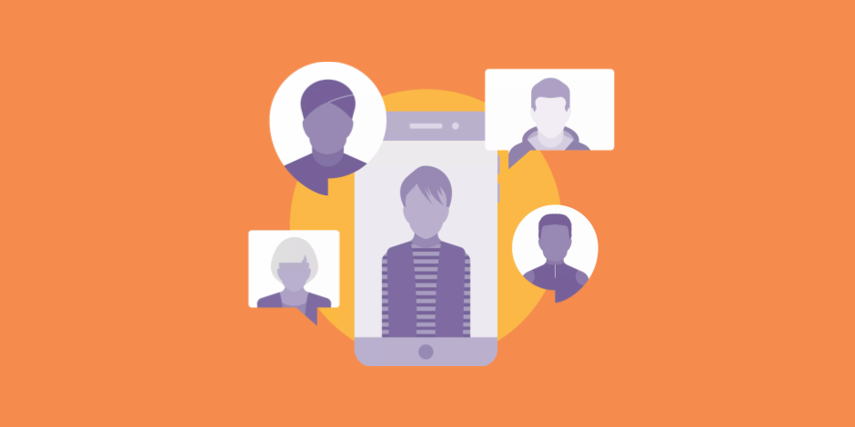 illustration of a person on a phone screen surrounded by other people talking