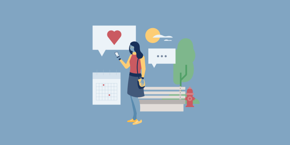 Illustration of a woman scheduling posts to Twitter from her phone in a park