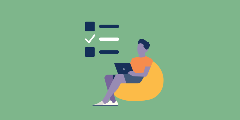 illustration of a checklist with one checkmark, plus a young man working on his laptop