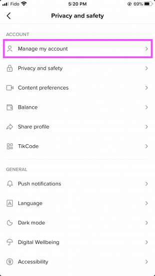 "Manage my account" in the Privacy and safety menu on TikTok