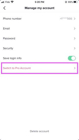 "Switch to Pro Account" option under Manage my account