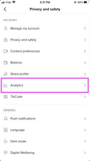 "Analytics" option in the TikTok Privacy and safety menu 