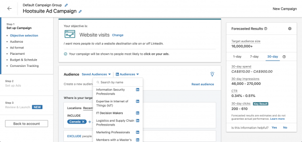 LinkedIn Ads campaign manager dashboard, set to "objective selection"