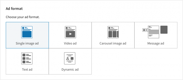 choosing a LinkedIn ad format. "Single image ad" is currently selected.