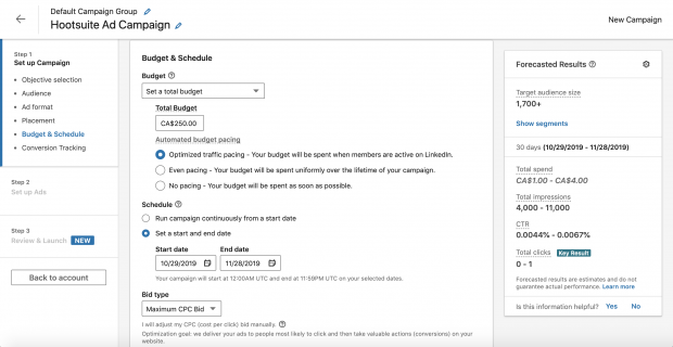 definir um orçamento para um anúncio do LinkedIn;  orçamento total fixado em US $ 250