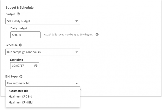 Under "bid type" drop down menu, "Automated Bid" is selected. Above, the Daily budget specified is $50.