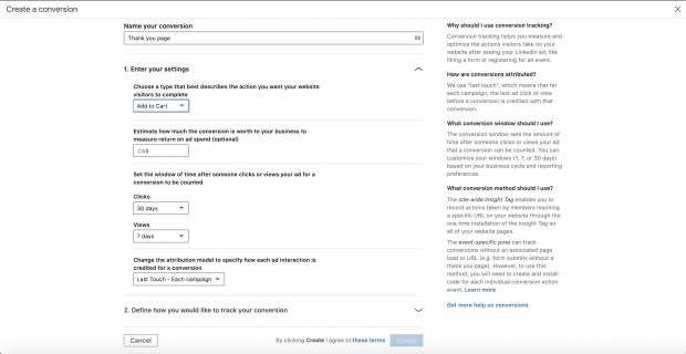 Configurações para a etapa "Criar uma conversão" da criação de um anúncio do LinkedIn