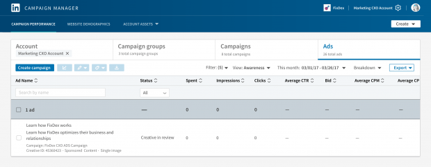 Onglet Performances de la campagne pour le gestionnaire de campagnes LinkedIn Ads