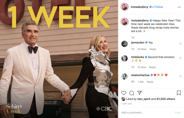 Instagram post by Dan Levy counting down 1 week until the new season of Schitt's Creek