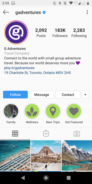 Profil Instagram de G Adventures