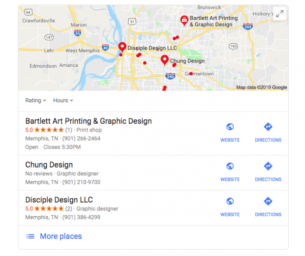 Google search results for "graphic designers in Memphis, Tennessee"