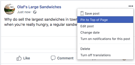 Pin to Top of Page option for posts on Facebook Business Pages