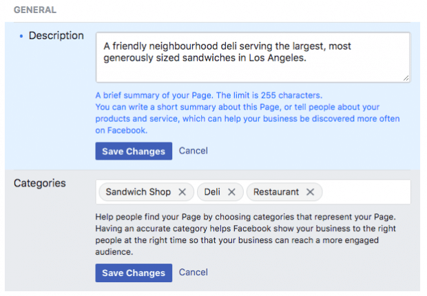 Description and Categories boxes for creating a new Facebook Business page