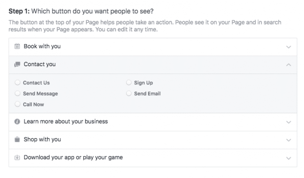 Types of buttons you can add to your Facebook business page, including: Book with you, Contact you, Learn more, Shop with you, Download your app or play your game