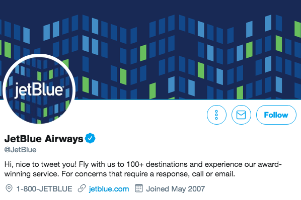 Bio sur Twitter pour JetBlue