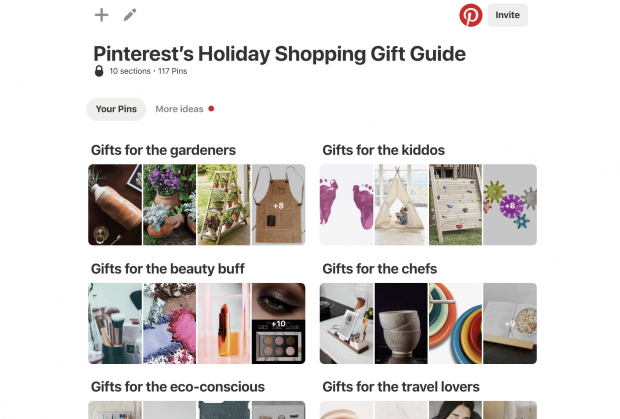 Tableau du guide des cadeaux des Fêtes de Pinterest