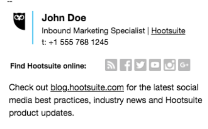 Email signature for Hootsuite employee that uses social media icons instead of URLs