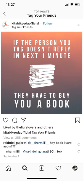 Instagram post from @kitabikeedaofficial advertising a contest where the rule is "if the person you tag doesn't reply in one minute, they have to buy you a book"