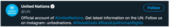 United Nations Twitter bio, which advertises their Instagram handle