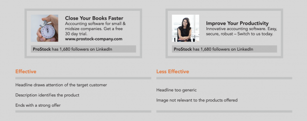 Comparison of two LinkedIn ads. One on the right is more effective with a short, targeted headline, a description that identifies the product, and a strong CTA.