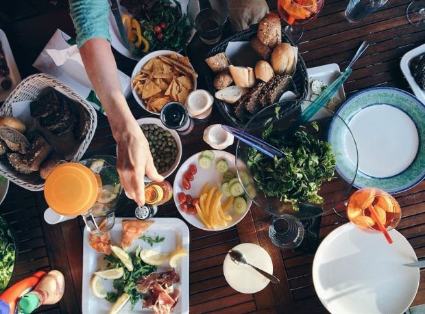 Looking down on a table full of food