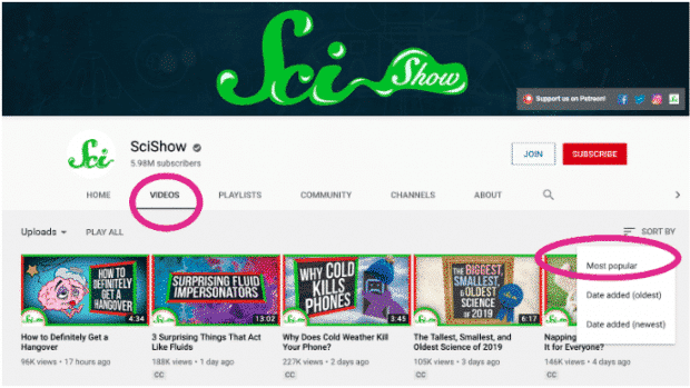 Mise en surbrillance de la page YouTube de SciShow 