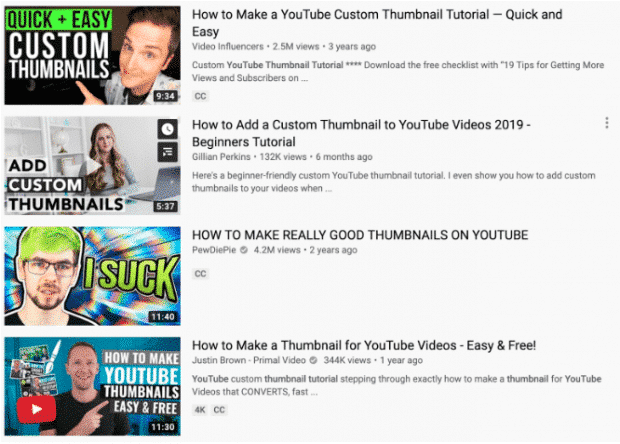 A selection of 4 YouTube video thumbnails, all of which have large text, bright colors, and closeups of a person's face