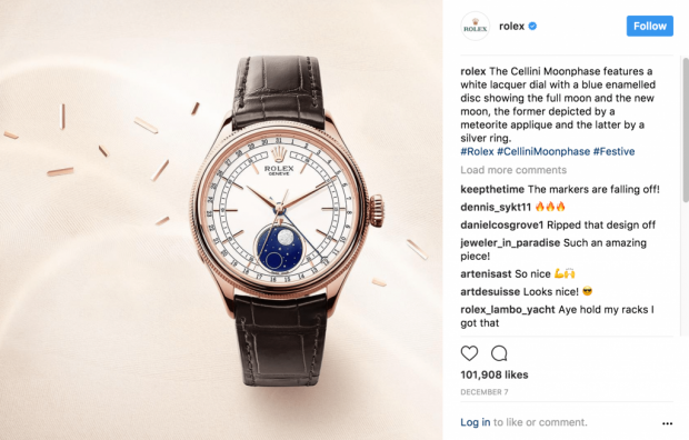 Poste Rolex Instagram avec trois hashtags choisis avec goût