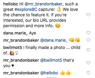 Hello BC demande à l'utilisateur d'Instagram l'autorisation de partager son contenu