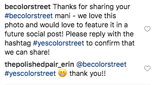 Color Street demande à l'utilisateur Instagram s'il peut partager son contenu avec son flux