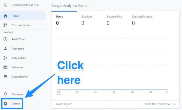 Admin button in Google Analytics home