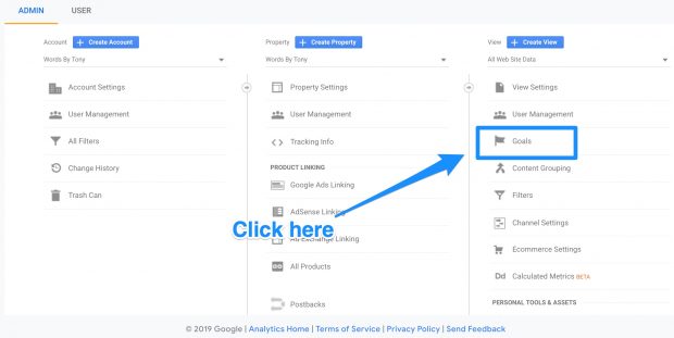 "Goals" button in Google Analytics admin dashboard