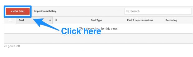 New Goal button in Google Analytics set up