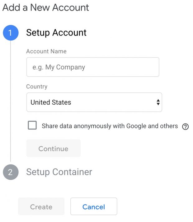 Add a New Account window in Google Analytics