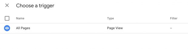 Choose a trigger page in Google Analytics setup