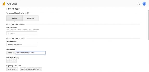 Google Analytics screen to add account name and website URL