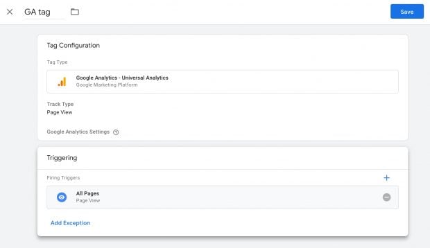 new tag configuration screen in Google Analytics