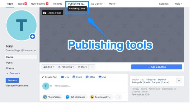 Option outils de publication sur Facebook