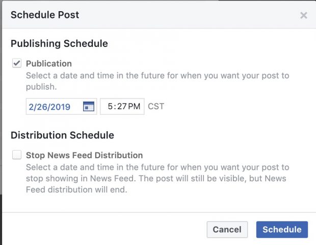 Option pour sélectionner la date et l'heure pour programmer l'affichage sur Facebook