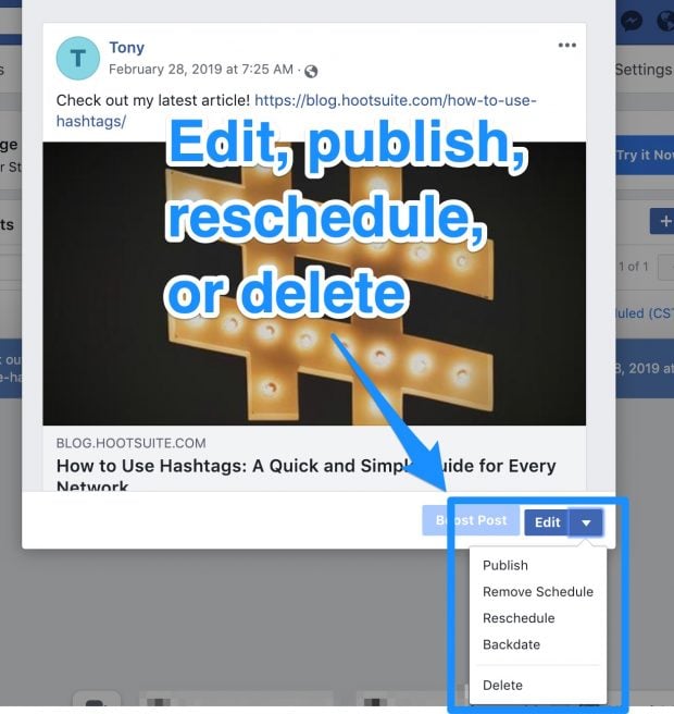 Option pour éditer, publier, planifier ou supprimer un post Facebook