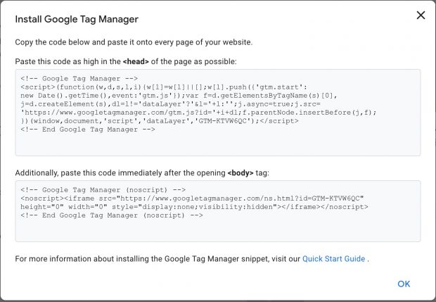 Instal Google Tag Manager page