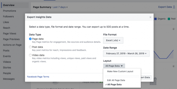 Exportation de données à partir de Facebook Insights