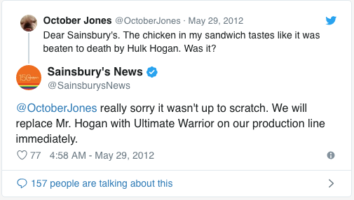 Sainsbury tweet responding to a negative comment with humor