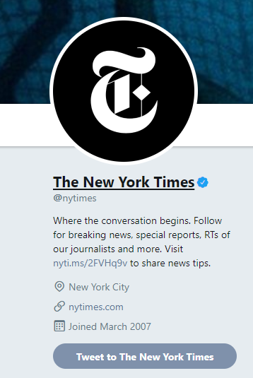 New York Times lien court dans la bio Twitter