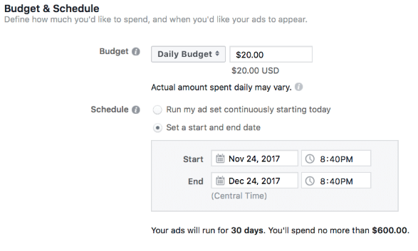 setting up Instagram ads budget