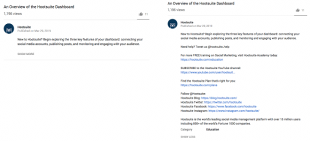 youtube video descriptions for Hootsuite