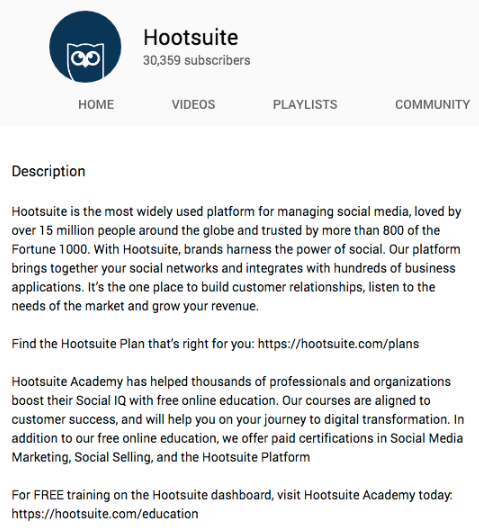 Description de la vidéo youtube Hootsuite